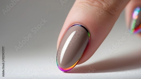 Fototapeta Closeup of a finger with a stylish brown nail and iridescent colorful outline