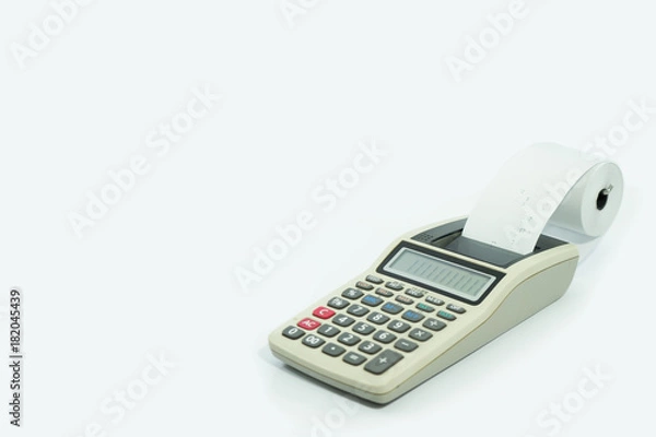 Obraz Calculator with printed receipt on isolated white