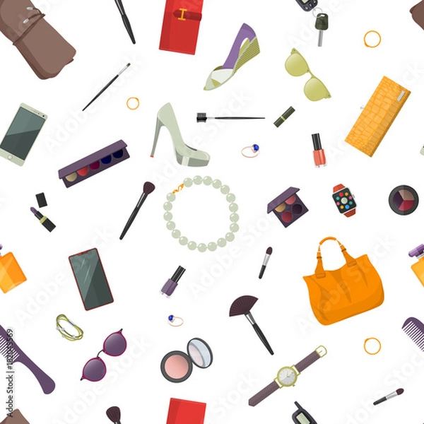 Fototapeta Seamless pattern of women's items and accessories. Flat design. Vector illustration.