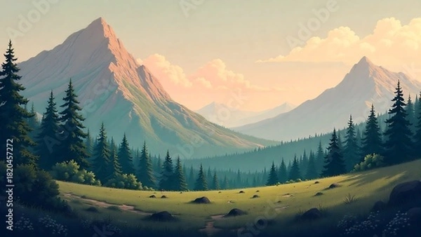 Fototapeta Scenic mountain landscape with evergreen forests and a peaceful atmosphere