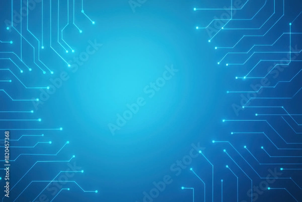 Fototapeta Glowing blue digital circuit board traces frame a bright subtle gradient background texture