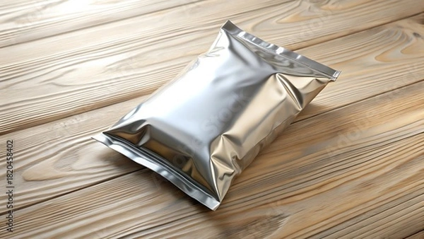 Fototapeta Silver Metallic Package on Wooden Surface in a Bright Studio Setting