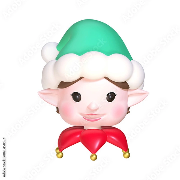 Obraz A 3D stylized elf head wearing a green hat and a red jester collar with gold jingle bells.