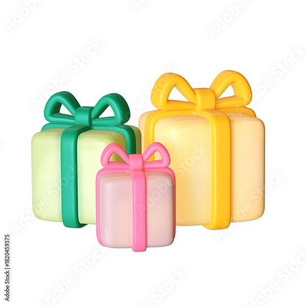 Obraz A 3D stylized group of three colorful gift boxes with large ribbon bows.