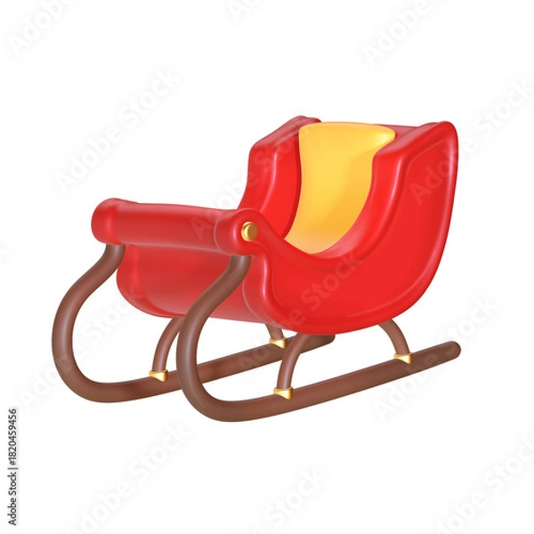 Obraz A 3D stylized red sleigh with brown runners and a yellow cushioned seat.