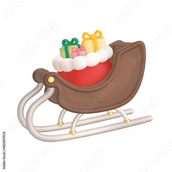Obraz A 3D stylized brown sleigh with white runners carrying a red bag full of wrapped gifts.