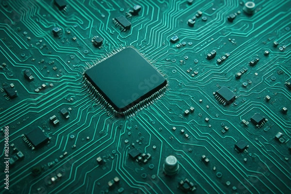 Fototapeta Close up macro view of a central processing unit chip on a teal colored electronic circuit board