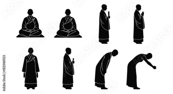 Fototapeta Zen monk silhouettes performing rituals in meditation and reverence