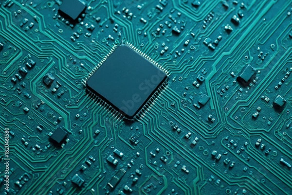 Fototapeta Close up abstract view of a central processing unit chip soldered onto a teal printed circuit board