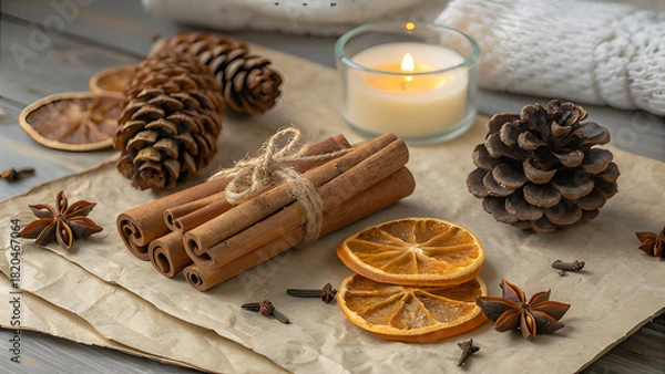 Obraz Cozy autumn arrangement with cinnamon sticks, pine cones, star anise, and dried orange slices, evokes warmth and nostalgia, perfect for seasonal designs, festive promotions, and holiday inspiration