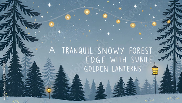 Obraz Enchanting winter scene of a snowy forest with twinkling star lights and lanterns, perfect for holiday greetings, seasonal promotions, and heartwarming festive designs