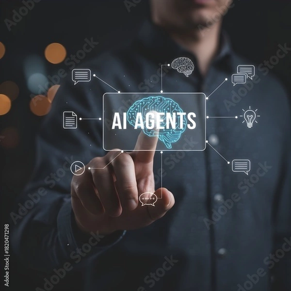 Obraz AI Agents, Artificial Intelligence, AI, machine learning, digital assistant, automation, technology, brain, intelligence, communication, innovation, solution, business, software, agent, virtual, inter