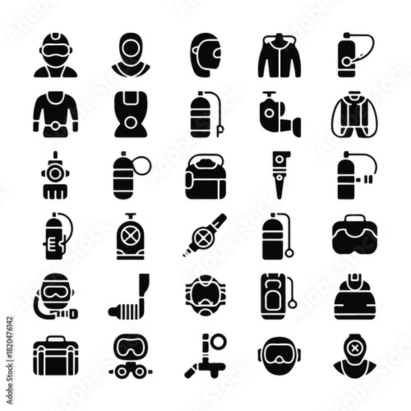 Fototapeta Minimalist Solid Black Diving & Underwater Exploration Equipment Icon Set