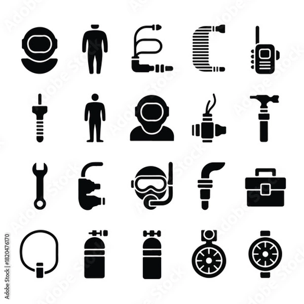 Obraz Minimalist Solid Black Diving & Underwater Exploration Equipment Icon Set