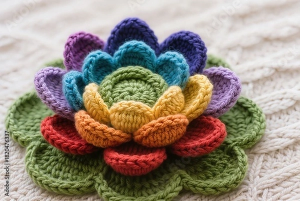 Fototapeta Lotus with rainbow petals in the colors of the chakras in a knitted style is made