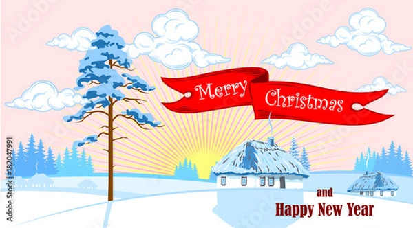 Fototapeta Rustic winter landscape and a banner with the wishes of a Merry Christmas