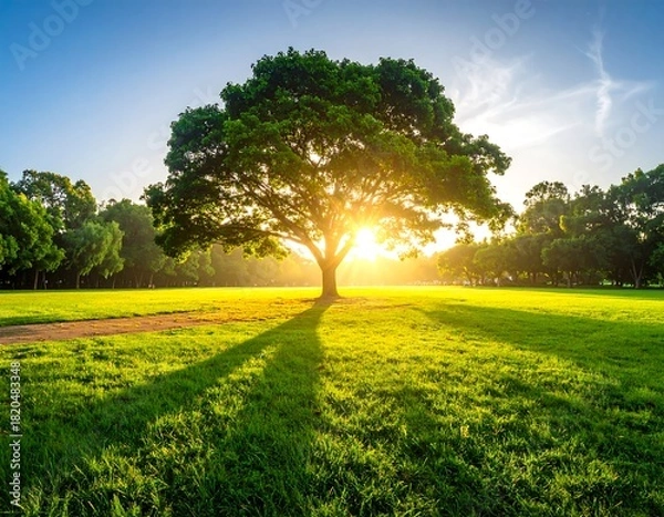 Fototapeta Large tree with shadow on green grass during sunrise in park