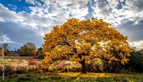 Fototapeta Large tree with vibrant golden leaves, bathed in sunlight
