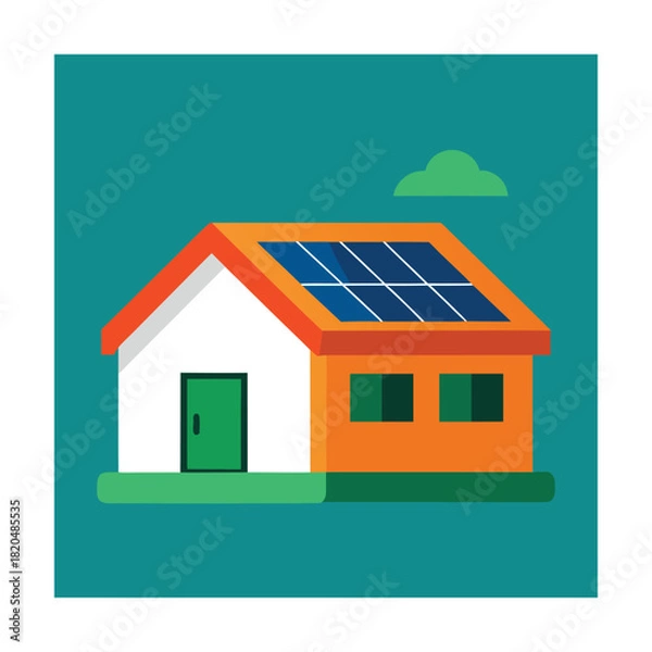 Fototapeta Flat design house with solar panels on roof and green cloud Keywords: house, home, building, roof, solar panels, renewable energy, green energy
