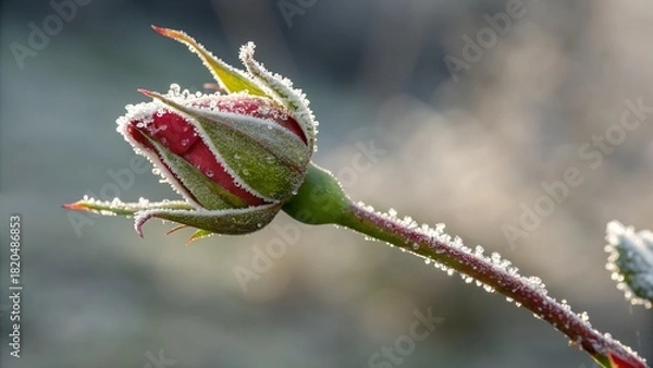 Fototapeta Delicate frosty rose bud glistening in the morning light, a symbol of winter's beauty and nature's resilience for seasonal designs and romantic themes