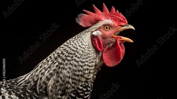Fototapeta Dramatic rooster crowing loudly with vibrant colors on black, perfect for farm themes or raising awareness about animal welfare and ethical sourcing