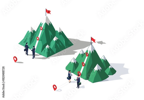 Fototapeta Isometric people planning route to target – step‑by‑step goal strategy illustration