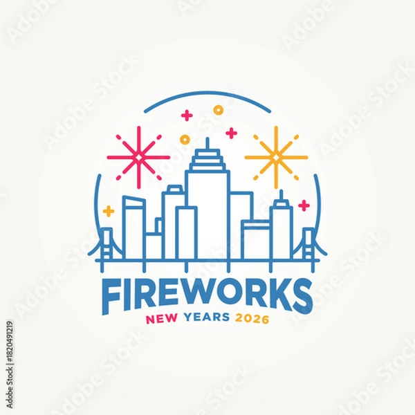 Obraz minimalist city fireworks line art icon badge logo vector illustration design. simple modern fireworks sparkle logo concept