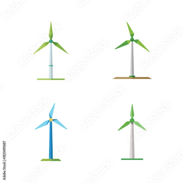 Obraz Four Flat Design Wind Turbines in Different Colors and Bases wind power renewable energy