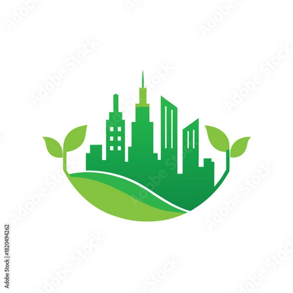 Fototapeta Green city skyline with abstract leaf shapes and gradient colors Keywords: city, skyline, green, eco, nature, abstract, modern, urban, buildings