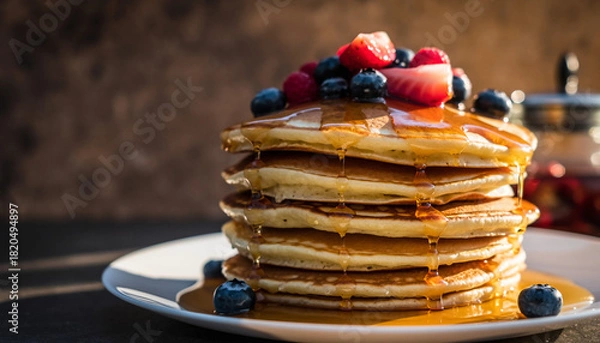 Obraz Delicious Stack of Pancakes with Fresh Berries and Syrup A Tasty Breakfast Treat for Food Lovers