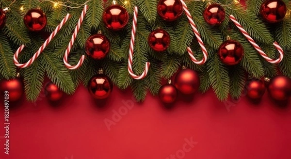 Fototapeta Christmas fir border with red ornaments and candy canes