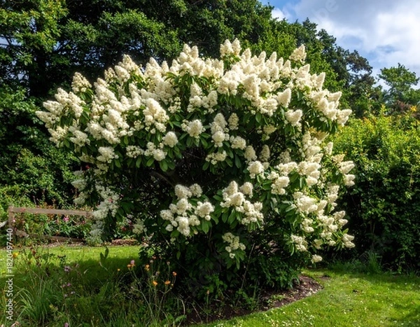 Fototapeta Large white flowering bush in a sunny garden setting