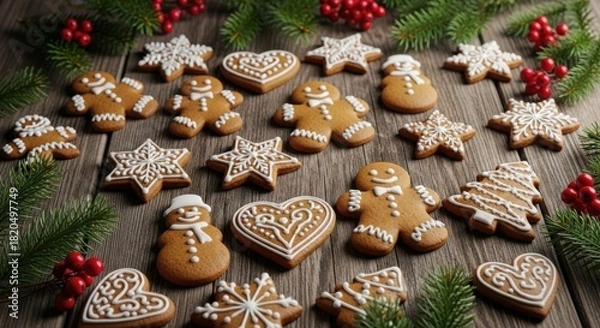Fototapeta Holiday gingerbread cookies, iced, on a rustic wood table.