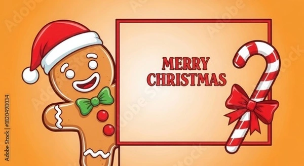 Fototapeta Gingerbread man with santa hat and merry christmas sign.