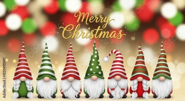Fototapeta Festive gnomes with merry christmas text and bokeh lights
