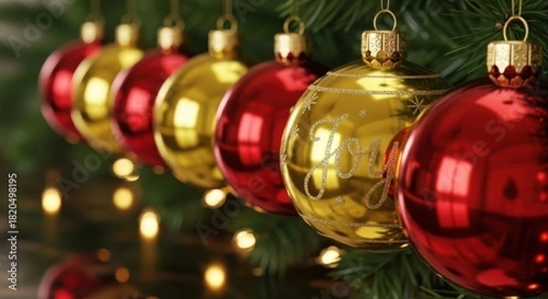 Fototapeta Joyful red and gold christmas ornaments on festive tree