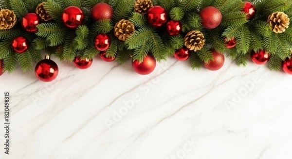 Fototapeta Festive christmas border with red ornaments and green fir