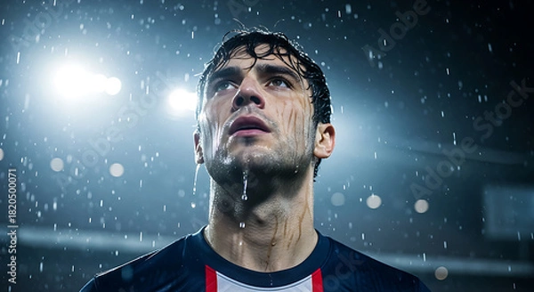 Obraz Soccer player looking up in the rain at night game