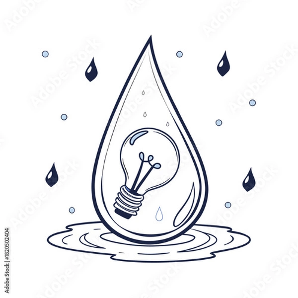 Fototapeta Light bulb inside a water drop with rain and ripples Keywords: light bulb, water drop, rain, drops, ripple, puddle, idea, innovation, concept