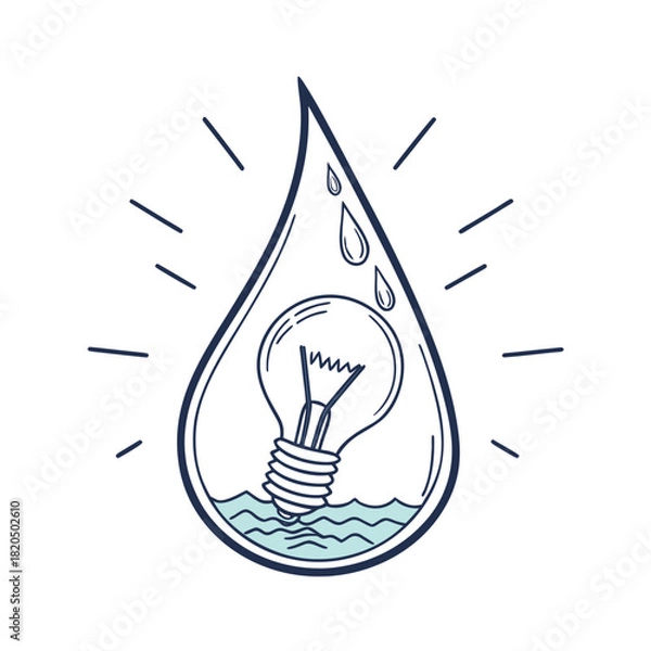 Fototapeta Light bulb with filament inside a water drop with waves and rays Keywords: light bulb, water drop, waves, rays, idea, innovation, concept, energy