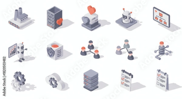 Obraz Comprehensive Set of Isometric Icons Depicting Business Operations, Digital Technology, Industrial Automation, Data Management, and Collaborative Workflows