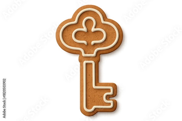Fototapeta A gingerbread cookie in the shape of an ornate vintage key is decorated with white royal icing, creating a festive and symbolic holiday treat for celebrations