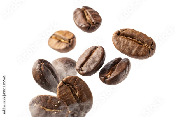 Obraz Explosion of Roasted Coffee Beans Flying in Air Isolated on White Background