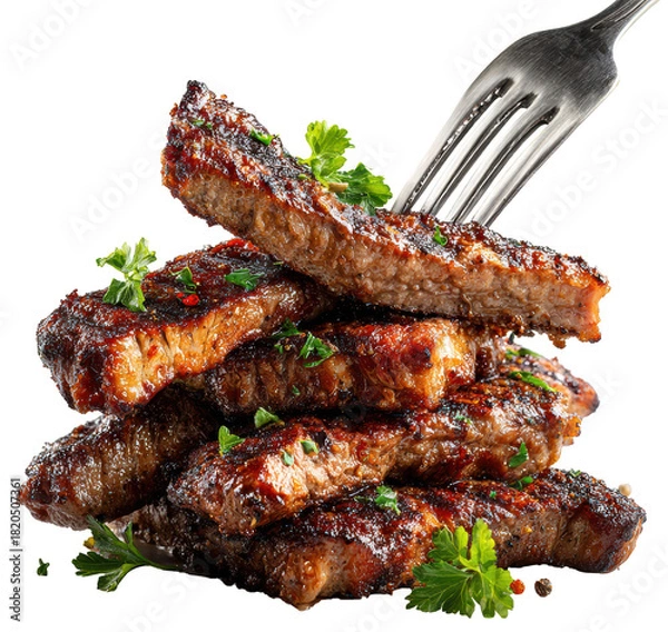 Fototapeta grilled steak slices on a fork isolated on transparent background