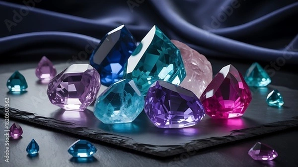 Obraz Assortment of colorful faceted gemstones on a dark slate surface jewels crystals