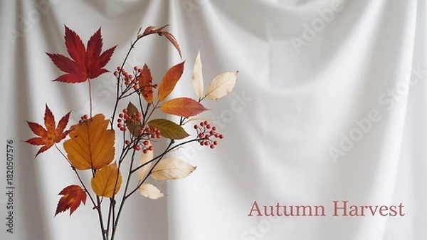 Fototapeta Autumn Leaves and Berries Against White Fabric Backdrop fall foliage