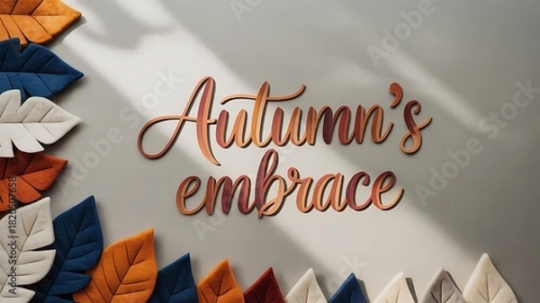 Fototapeta Autumn leaves and text " Autumn's embrace" with shadow play fall foliage