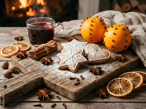Obraz cozy festive still-life, gingerbread cookies, cinnamon sticks, oranges with cloves
