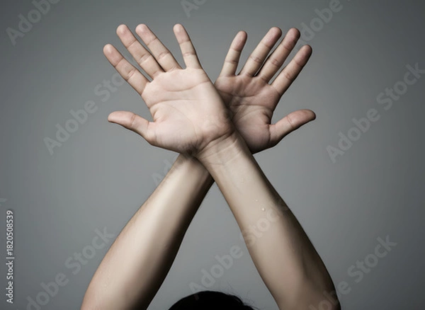 Obraz emergency SOS signal formed with human hands waving above head, clear body-language reaction