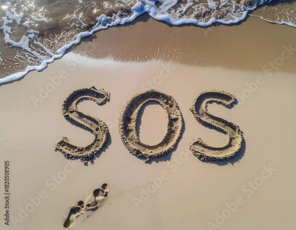 Obraz giant ‘SOS’ traced in sand on beach, top-down drone view, lone footprints nearby